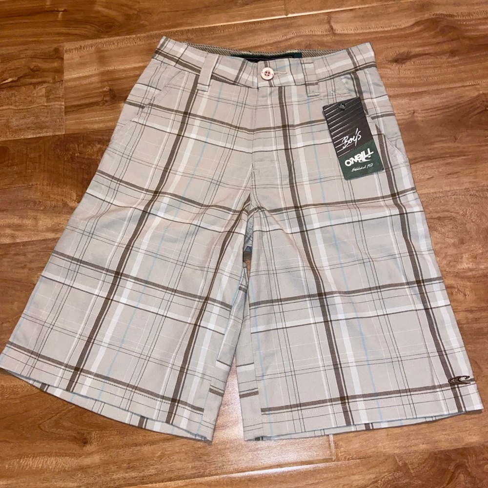 O’Neill Boys Vintage Shorts Creme Brown Plaid Size 8 Waist 23in NWT NEW